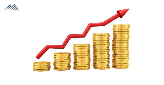 Gold coins with an upward facing arrow
