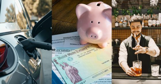 electric car, paper checks from the IRS, and a bartender