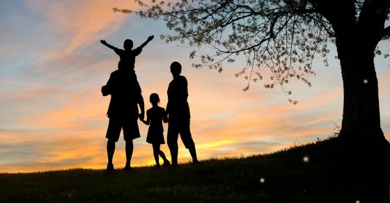 family near a tree at sunset