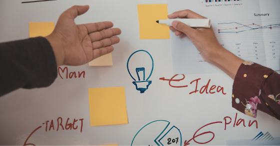 Business ideas jotted on notes and a whiteboard